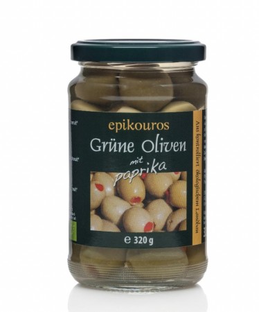 Økologiske Grønne oliven m/paprika økologisk, 320g, Epikouros