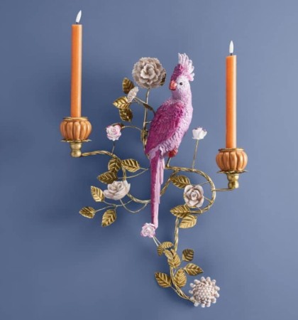 Vegglysestake med fugl, rosa/gull/orange