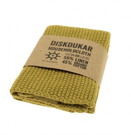 Kjøkkenklut i 'golden green' laget av 55 % lin og 45 % økologisk bomullsgarn fra Iris Handtverk