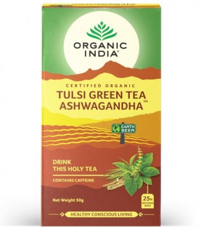 Tulsi grønn ashwagandha, økologisk te fra Organic India, teposer