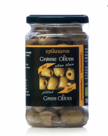 Økologiske grønne oliven u/stein, m/krydder, Epikouros, 170g 