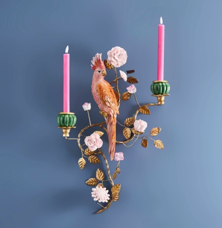 Vegglysestake med fugl, orange/gull/grønn