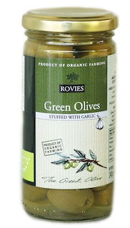 Grønne oliven m/hvitløk, økologisk fra Rovies, 200g