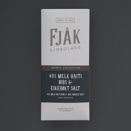 45% melk Haiti Kakaonibs & eikerøkt salt, 53g, Fjåk