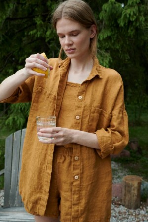 Vika shirt, linskjorte fra Linenfox, Camel/vaffel